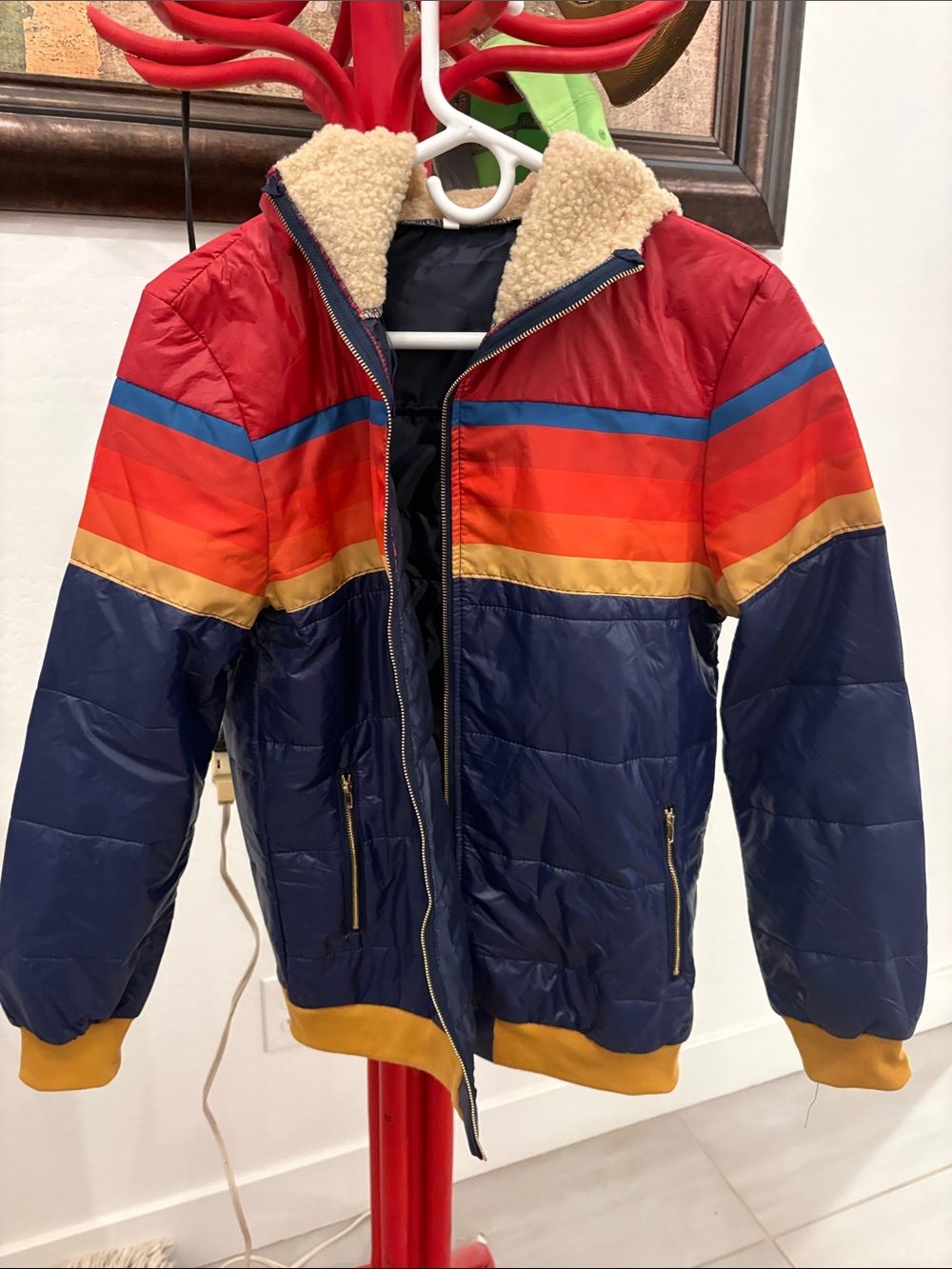 Men's Colorblock Sherpa-Lined Puffer Jacket - Navy/Red/Orange
